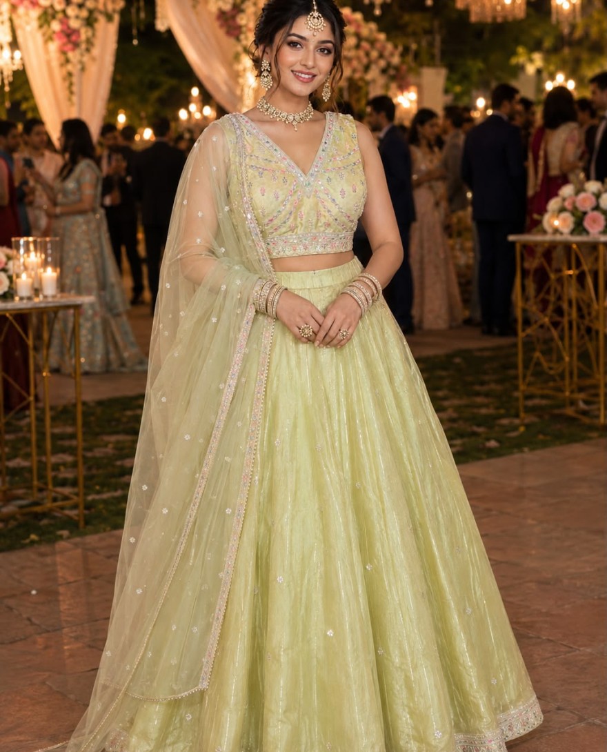 GREEN - Green Viscose Embroidered Work Lehenga Choli for Ceremonial